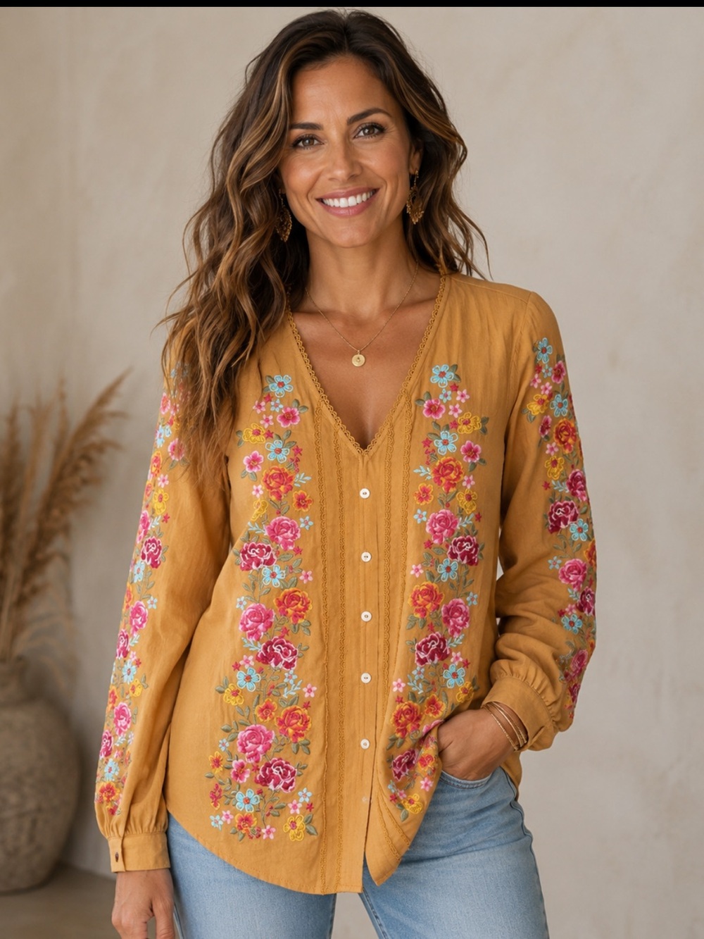 Savanna Jane Embroidered Gold Floral Button-Front L/S Top